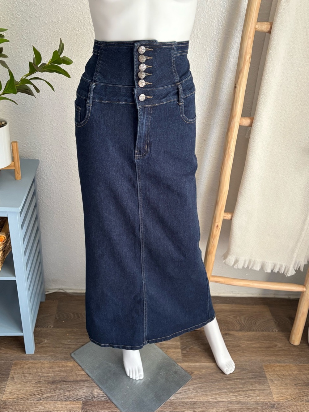 High-Waist Dark Indigo Maxi Denim Skirt with Button Front
